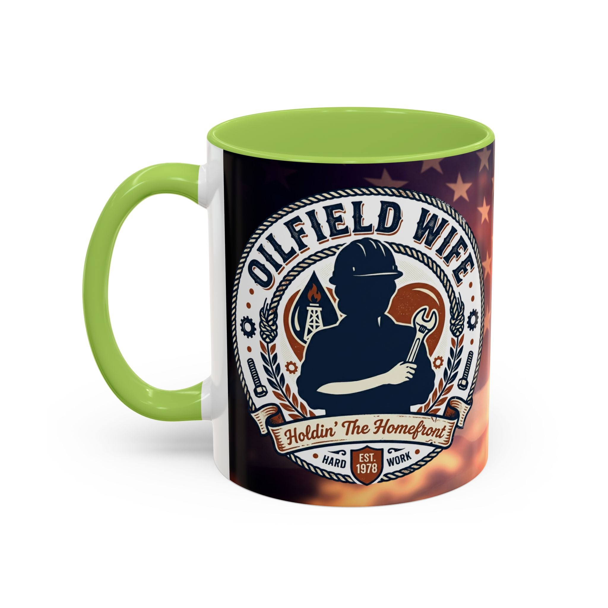 Patriotic Accent Oil Wife Coffee Mug – American Flag Sunset Design (11/15oz)