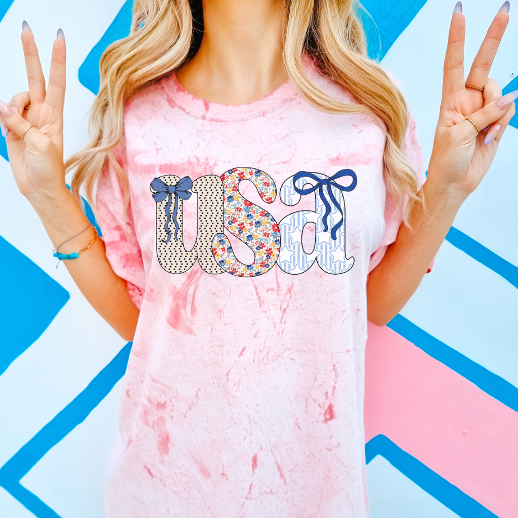 USA Bow Tie Dye Comfort Colors Tee – Cute Patriotic Shirt for Women