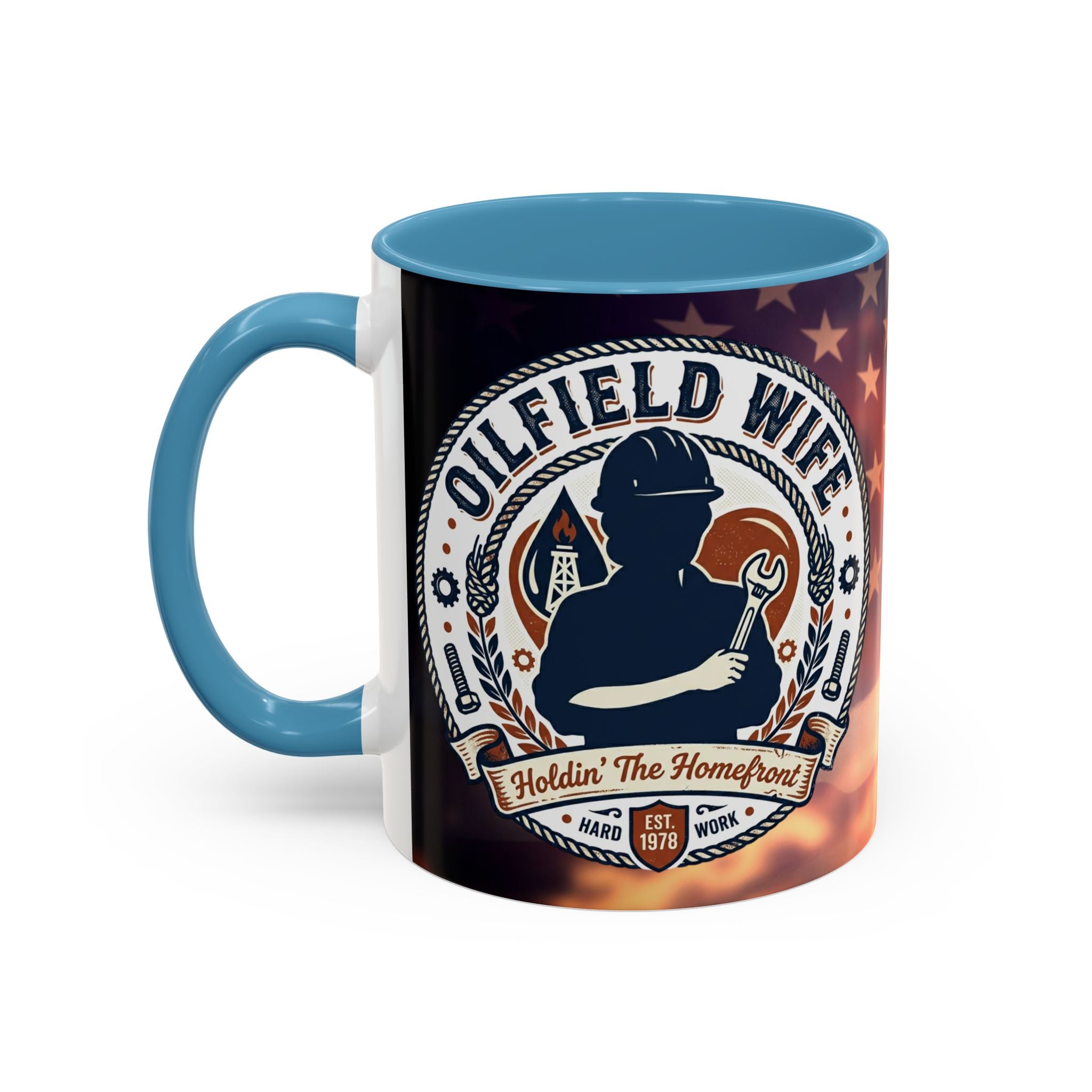 Patriotic Accent Oil Wife Coffee Mug – American Flag Sunset Design (11/15oz)