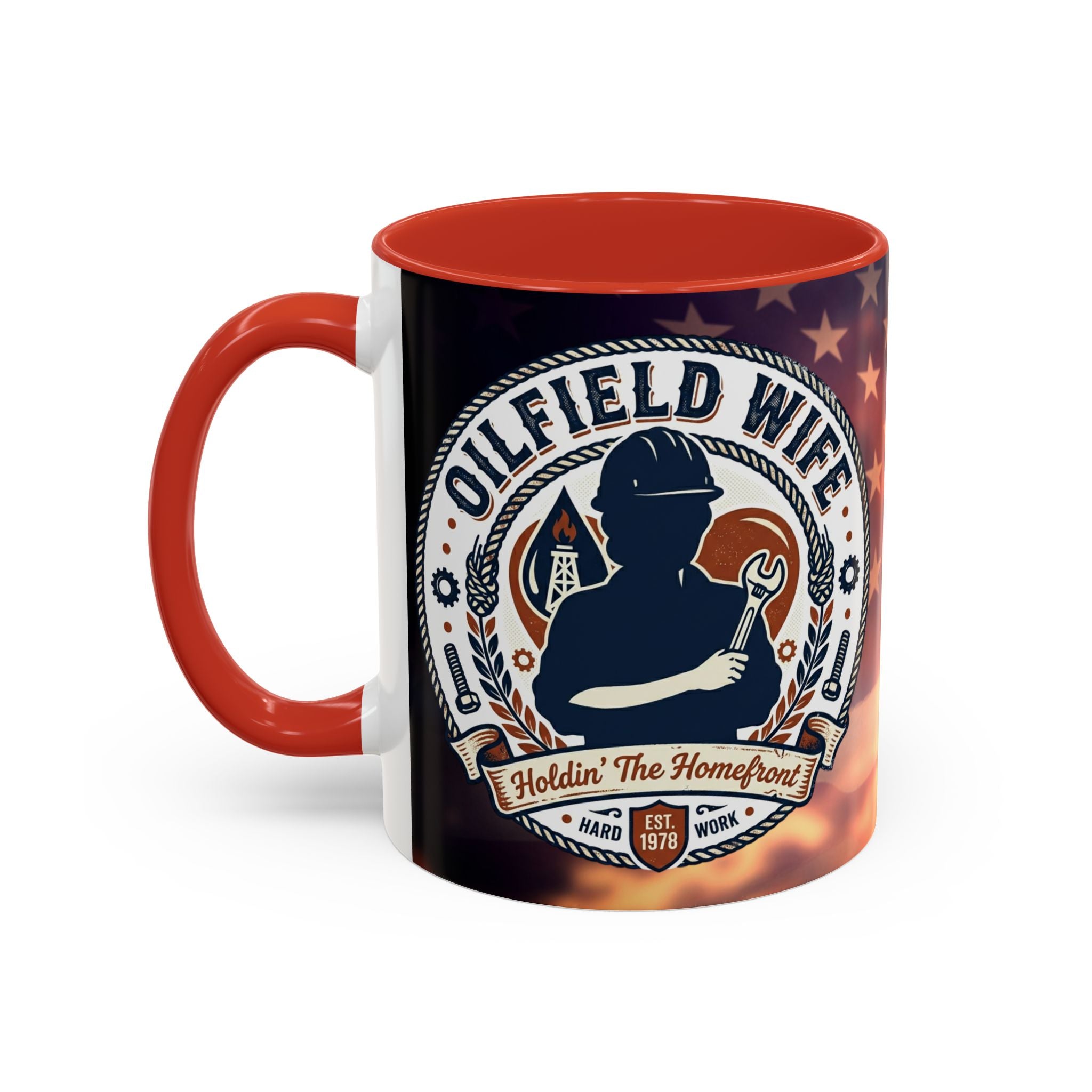 Patriotic Accent Oil Wife Coffee Mug – American Flag Sunset Design (11/15oz)