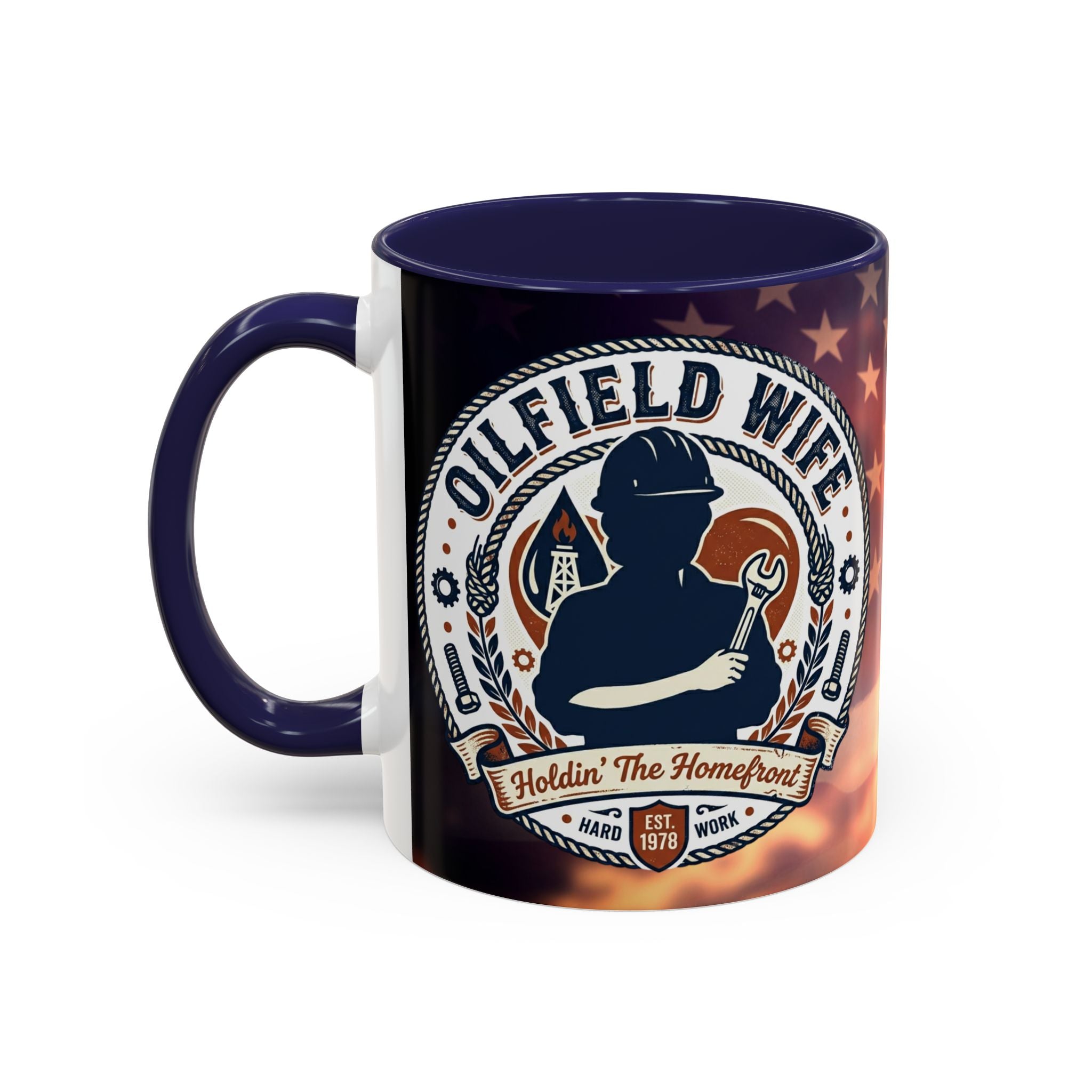 Patriotic Accent Oil Wife Coffee Mug – American Flag Sunset Design (11/15oz)