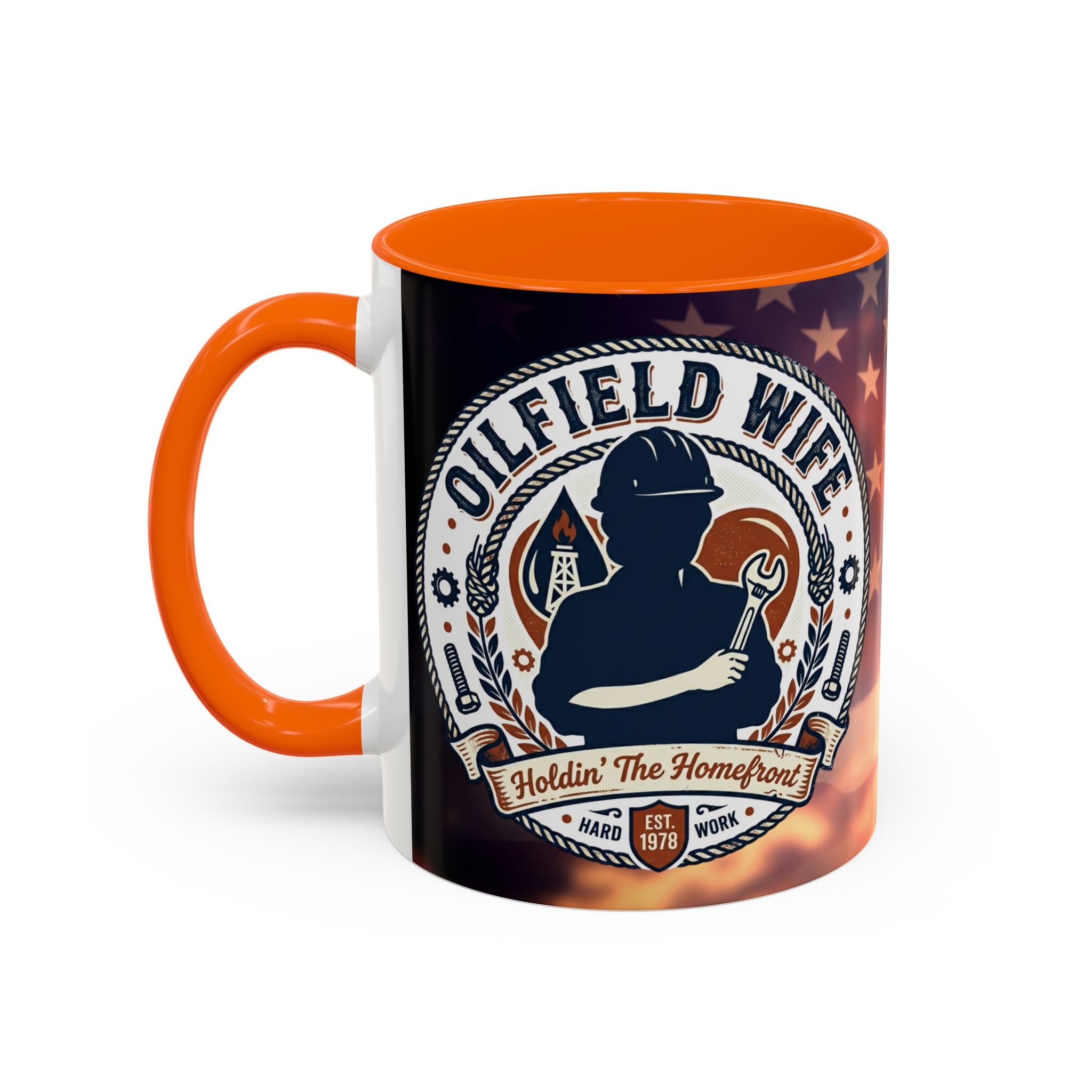 Patriotic Accent Oil Wife Coffee Mug – American Flag Sunset Design (11/15oz)