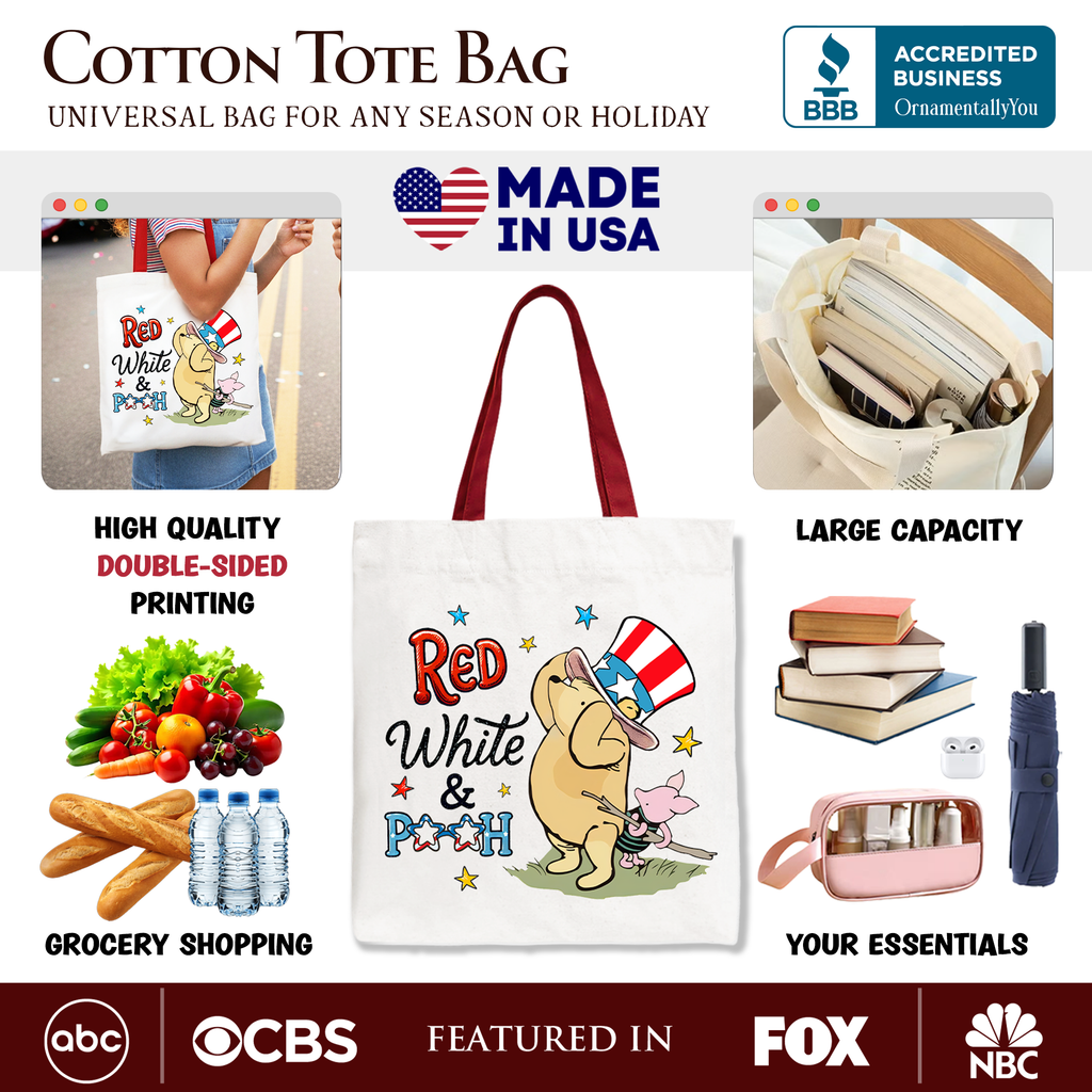 Red White & Proud Tote Bag, Patriotic 4th of July Celebration Pooh Bear Gift Shopper