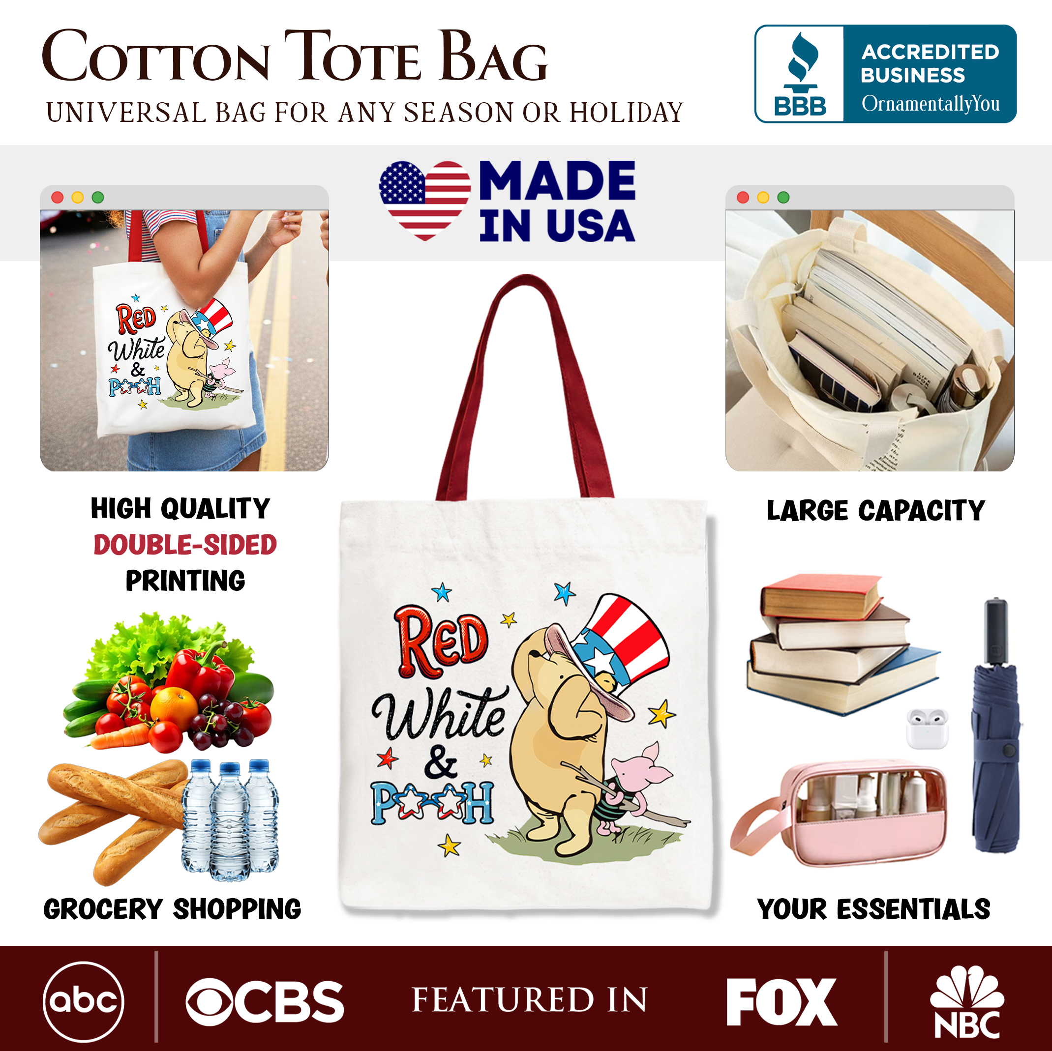 Red White & Proud Tote Bag, Patriotic 4th of July Celebration Pooh Bear Gift Shopper