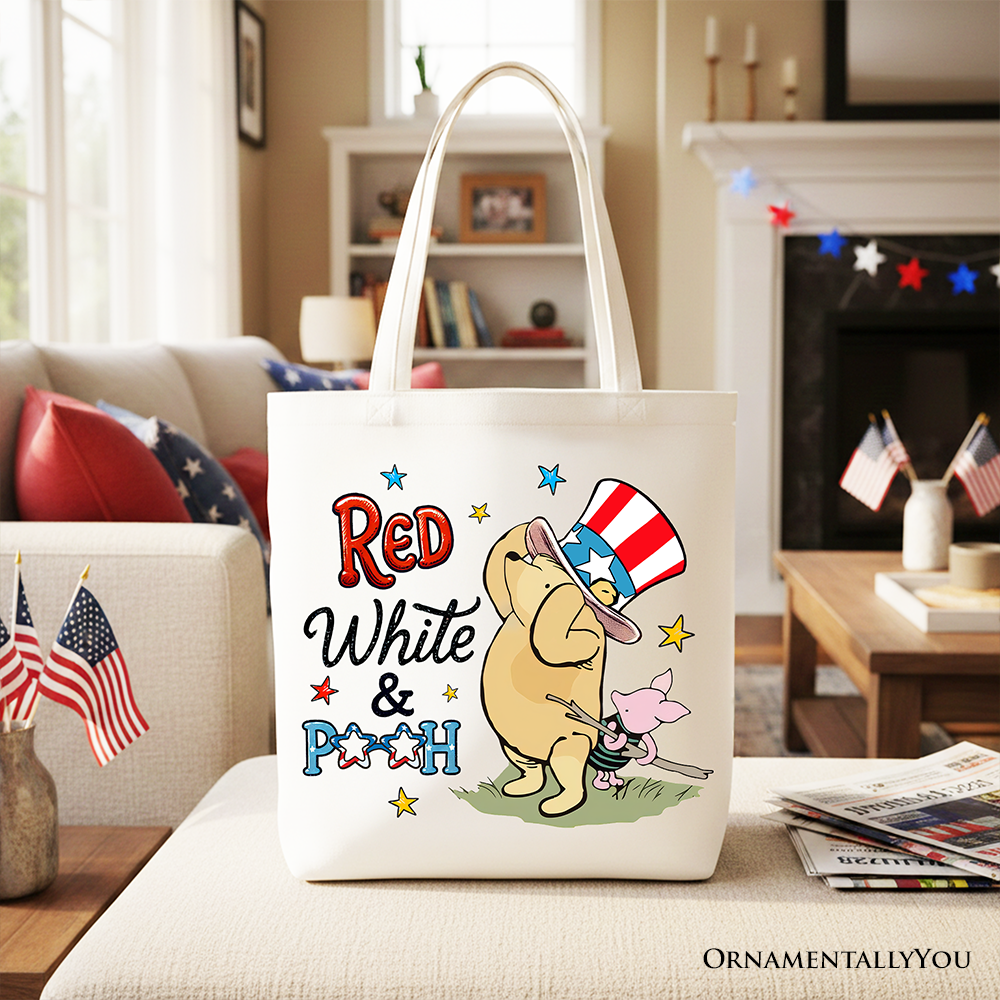 Red White & Proud Tote Bag, Patriotic 4th of July Celebration Pooh Bear Gift Shopper