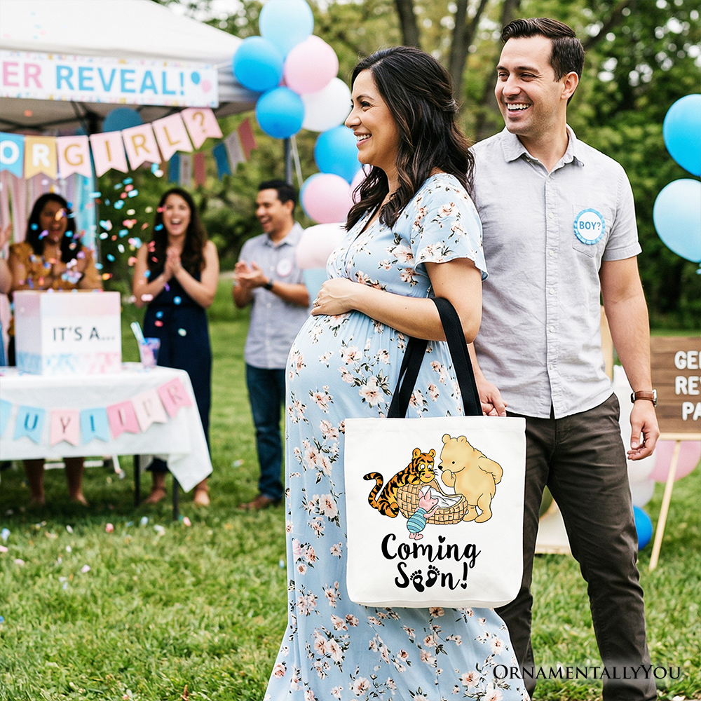 Pregnancy Announcement With Pooh & Tiger Tote Bag, Coming Soon Gift Shopper for Expecting Moms