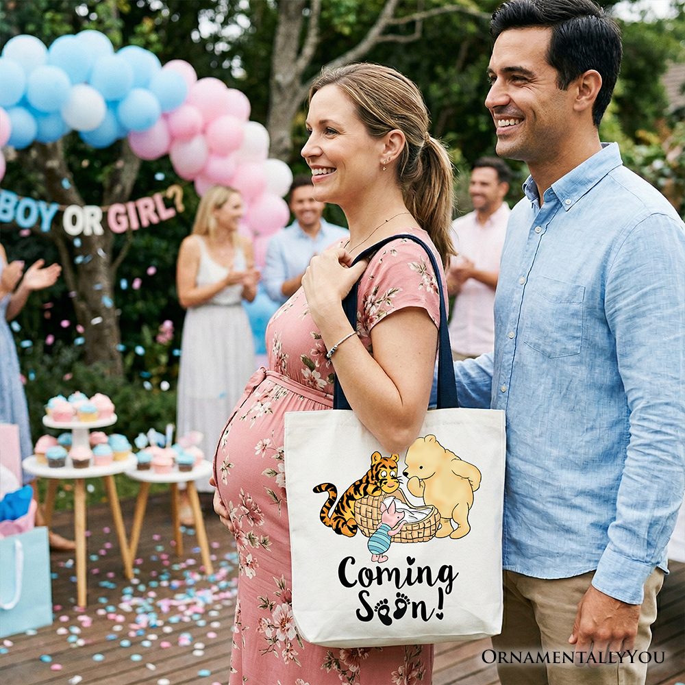 Pregnancy Announcement With Pooh & Tiger Tote Bag, Coming Soon Gift Shopper for Expecting Moms
