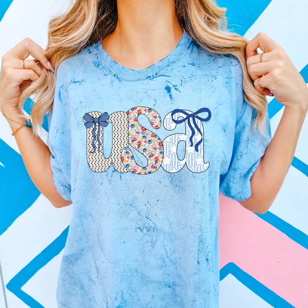 USA Bow Tie Dye Comfort Colors Tee – Cute Patriotic Shirt for Women