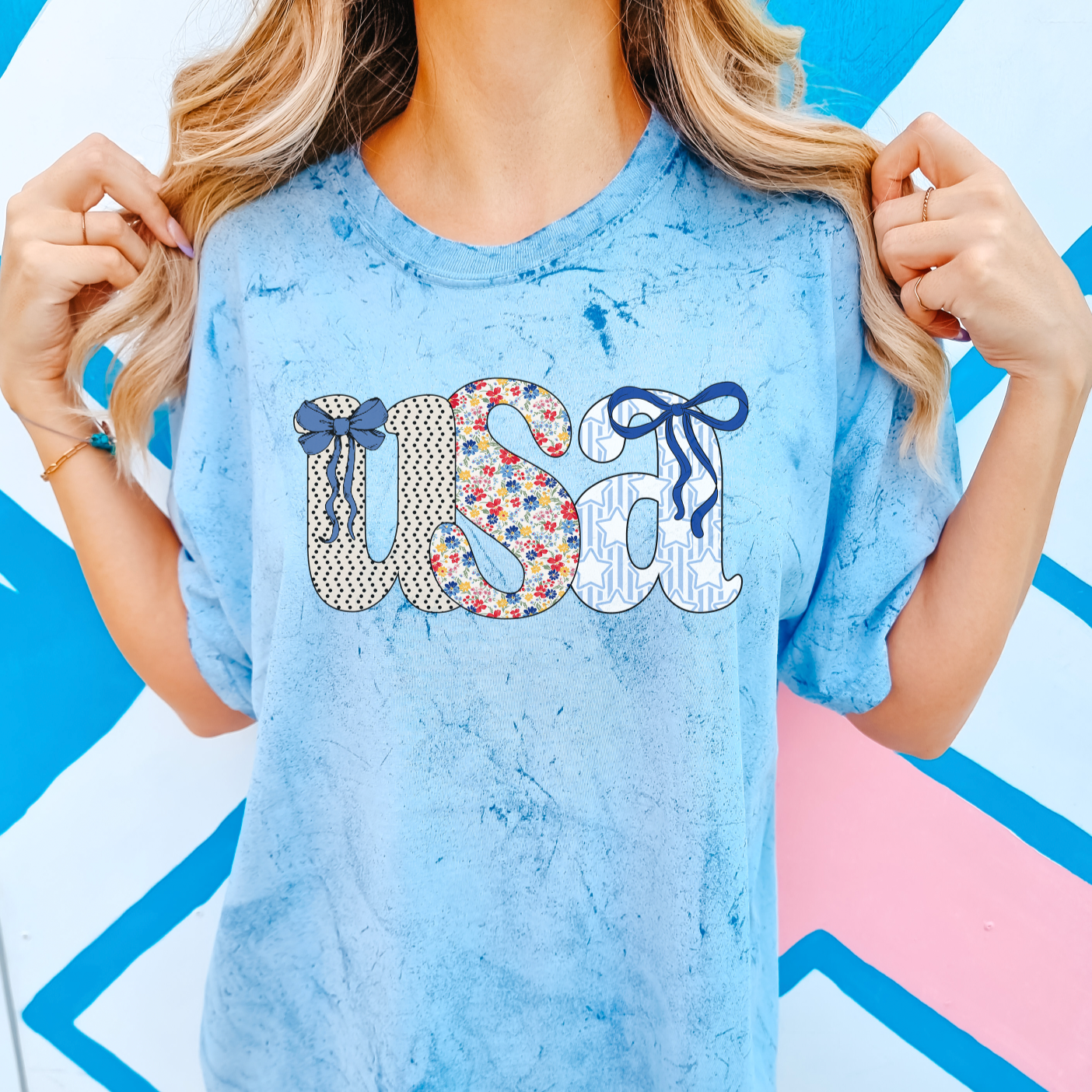 USA Bow Tie Dye Comfort Colors Tee – Cute Patriotic Shirt for Women