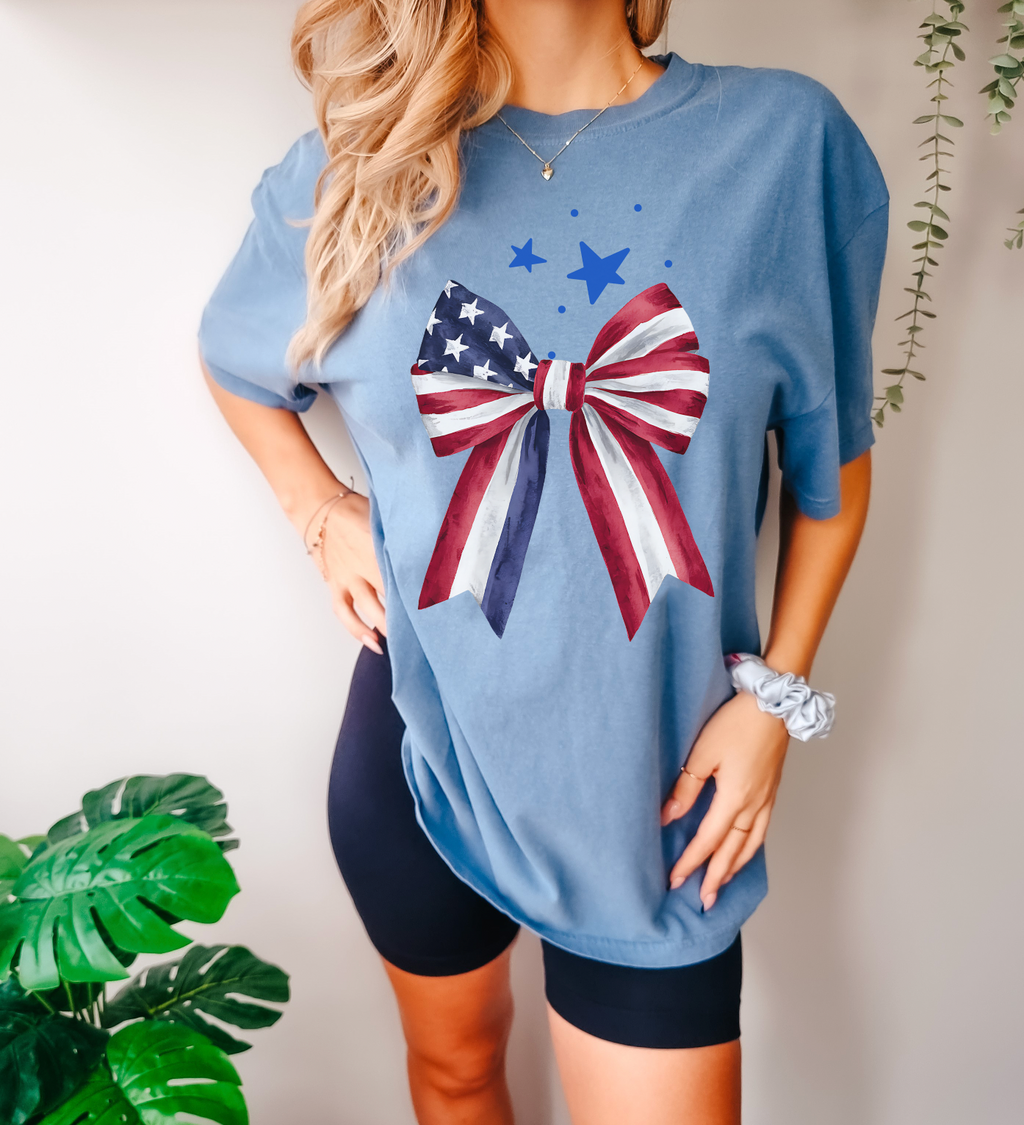 Patriotic Bow Comfort Colors Tee – Cute Red White and Blue USA Shirt for Women