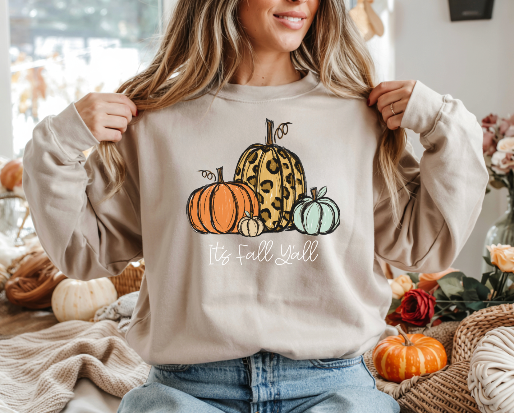 It's Fall Y'all Leopard Pumpkins Graphic Crew Sweatshirt